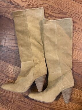 Zara Camel Suede Mid-Calf Heeled Boots
